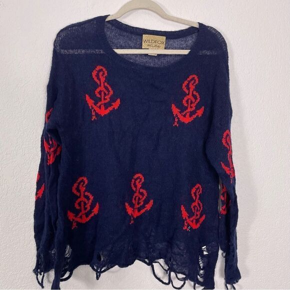 Wildfox White Label Navy Blue with Red Anchor Print Distressed Hem Sweater - Picture 3 of 6